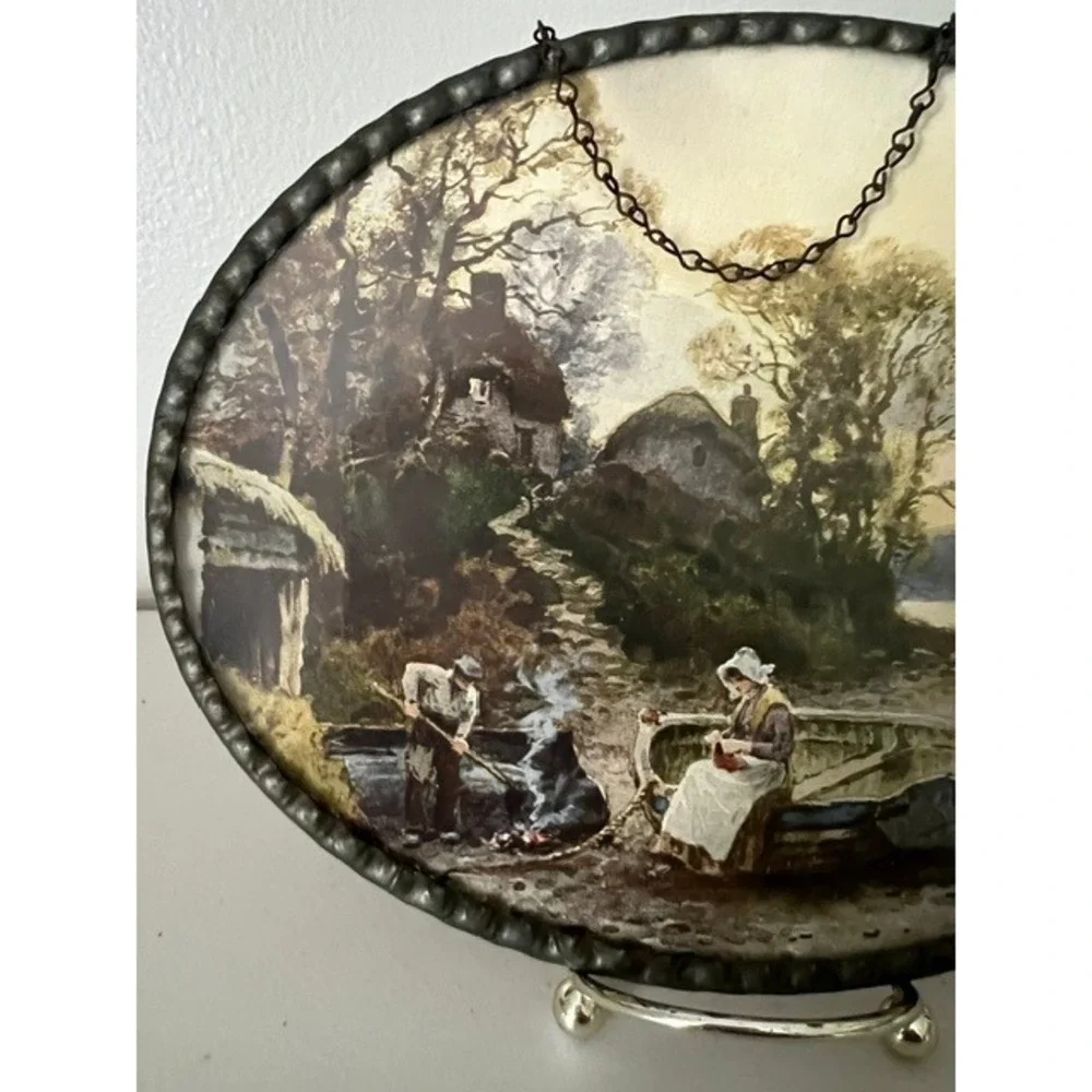 Vintage German Oval Wall Print‎ Scalloped Metal Frame Coastal Village Scene 8x6